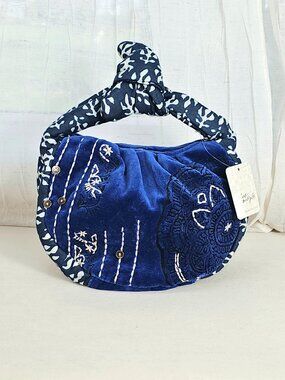 Free People Attia Velvet Bag Blue Embroidered Knot Handle NWT Boho Mini Hobo